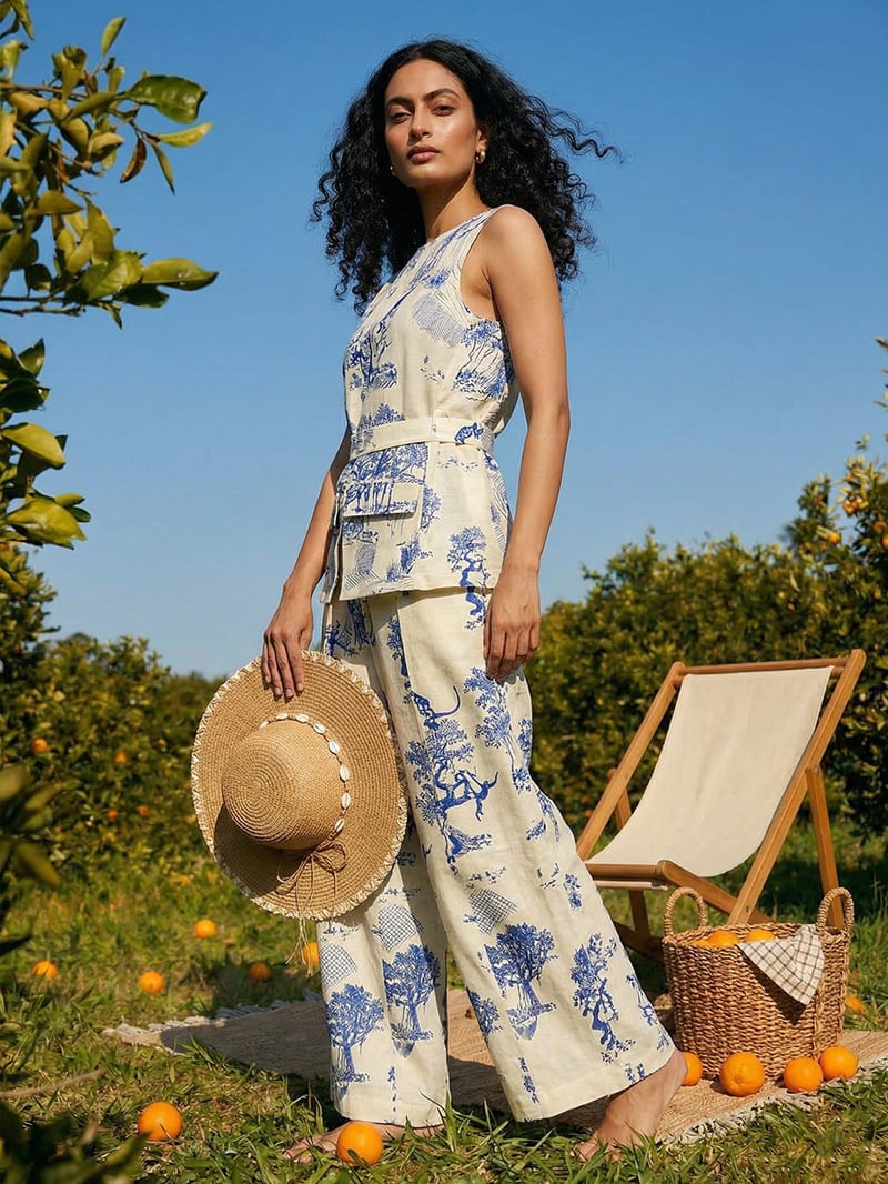 Ivory and Blue Printed Linen 3-Piece Co-ord Set