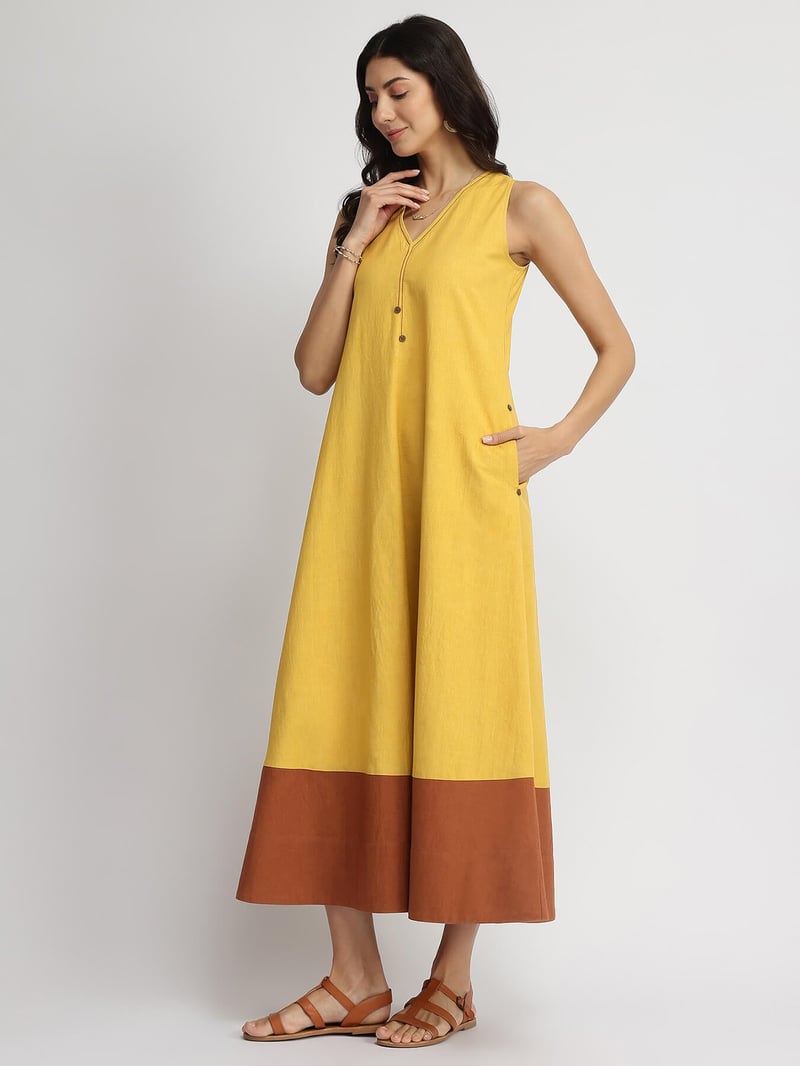Yellow & Rust Colorblock A-Line Maxi Dress