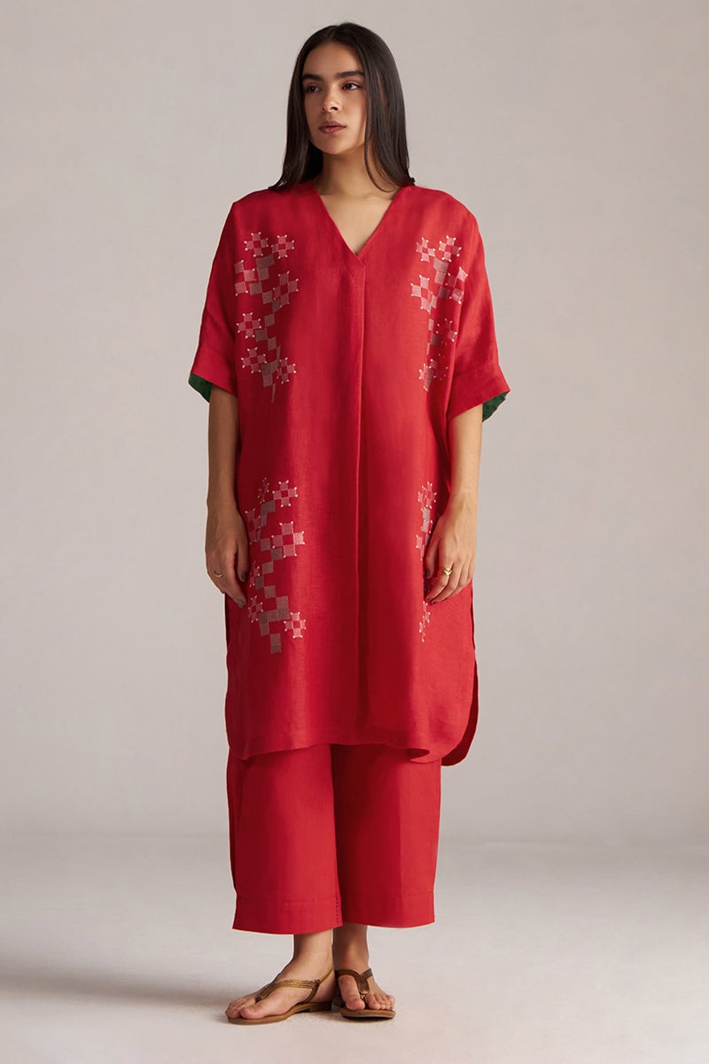 High Risk Red Linen Kurta and Wide-Leg Pants Co-ord Set — Ganga Fashions Pvt Ltd