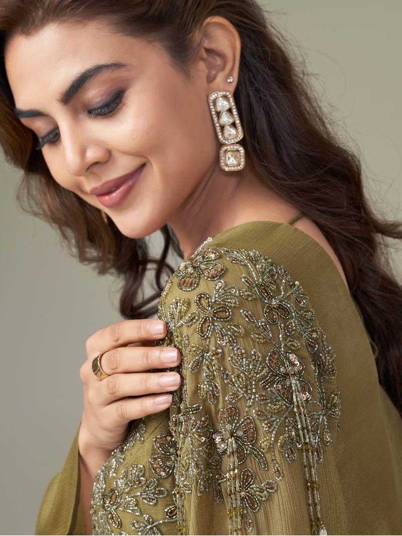 Olive Gold Chiffon Embroidered Co-ord Set