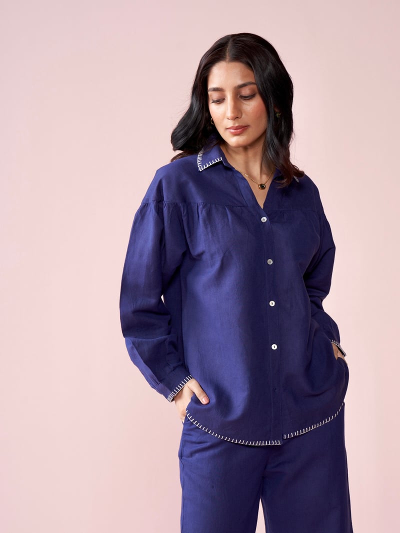 Navy Blue Linen Blend Co-ord Set with Blanket Stitch Trim