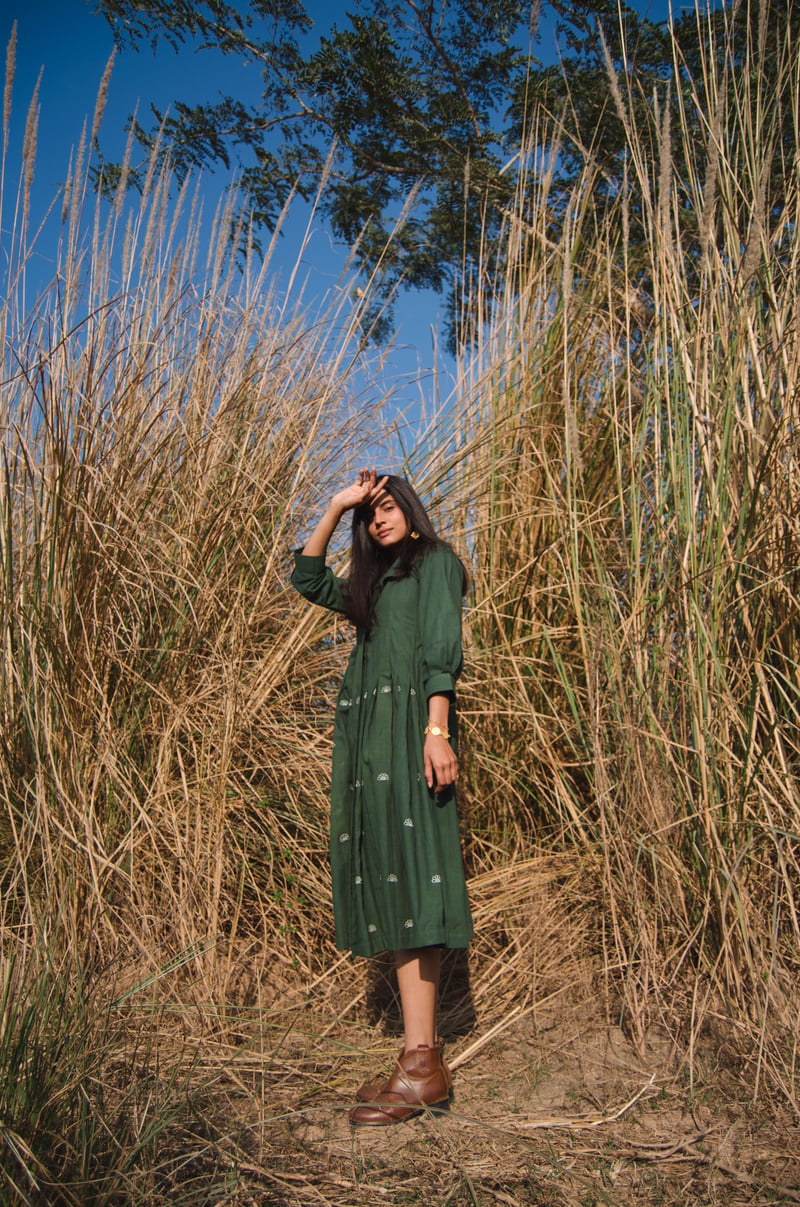 Basil Green Pleated Midi Shirt Dress
