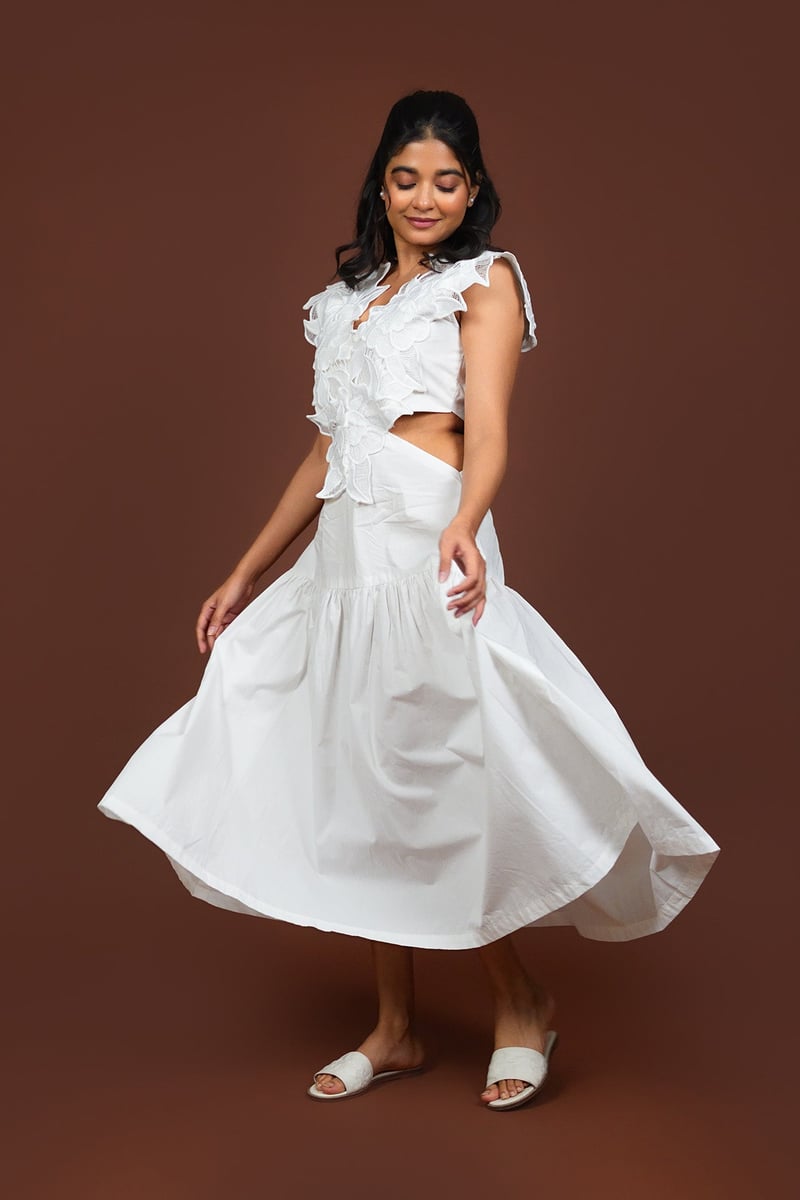White Cotton Lace Bodice Fit and Flare Midi Dress