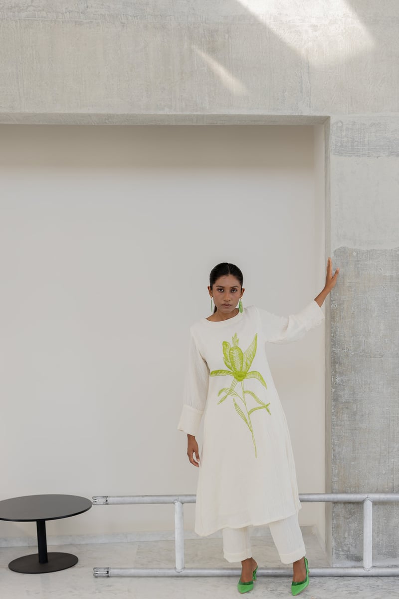 White Cotton Embroidered Kurta Set with Pants