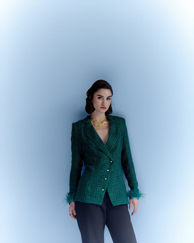 Deep Green Checked Tweed Blazer with Pearl Buttons