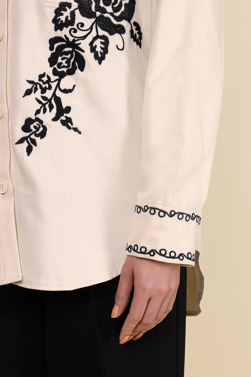 Natural Ivory Button-Down Shirt with Black Floral Motifs