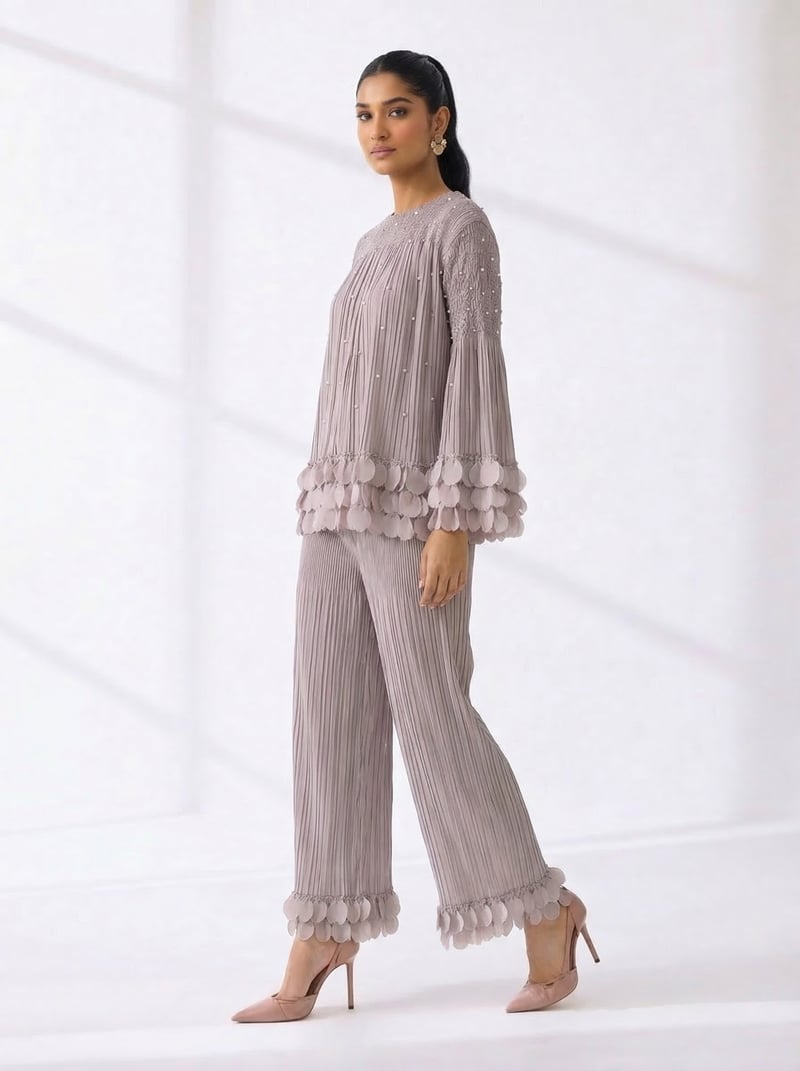 Grey Pleated Top and Wide-Leg Pants Co-ord Set