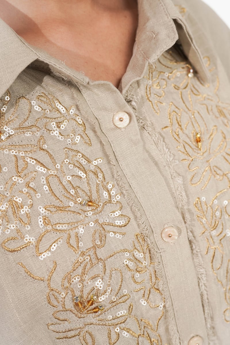 Beige Embroidered Shirt and Wide-Leg Pants Co-ord Set