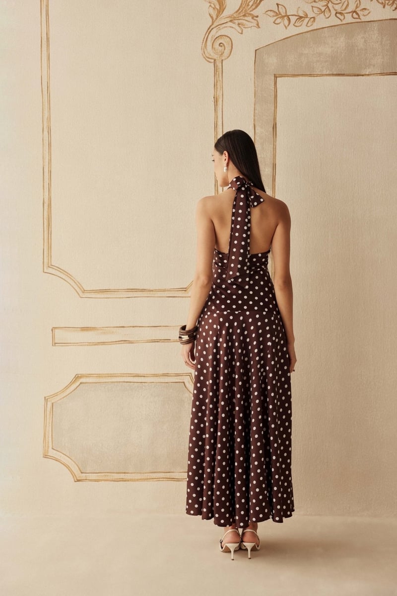 Brown Polka Dot Halter Maxi Dress