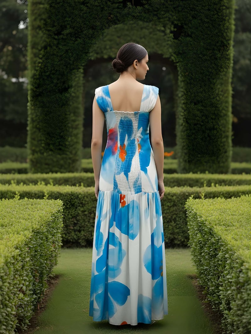 Blue Abstract Printed Ruched Tiered Maxi Dress