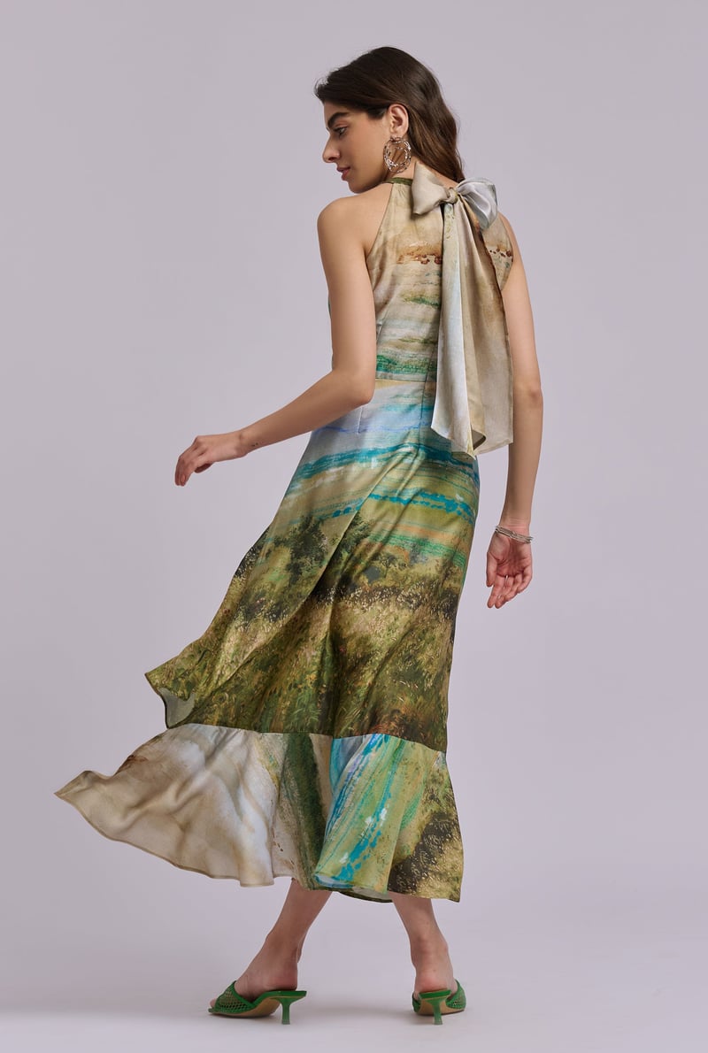 Scenery Print Halter Neck Fit and Flare Midi Dress