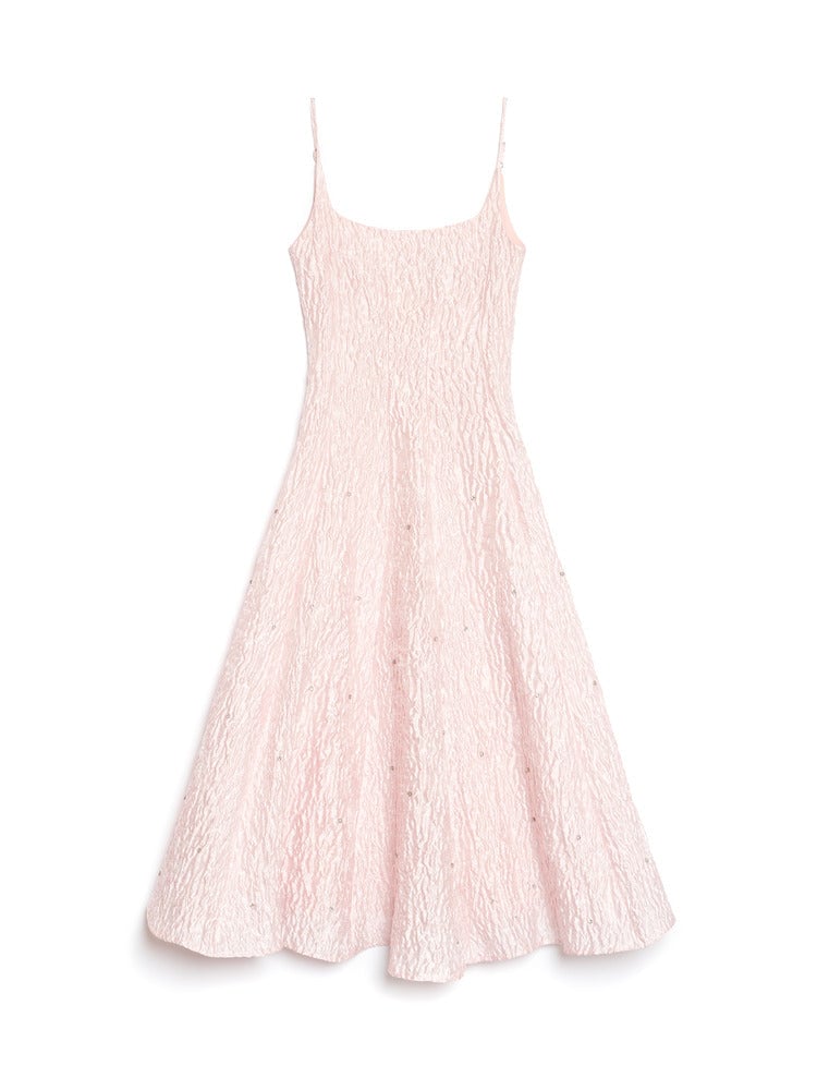 Pink Jacquard Embellished Fit and Flare Midi Dress