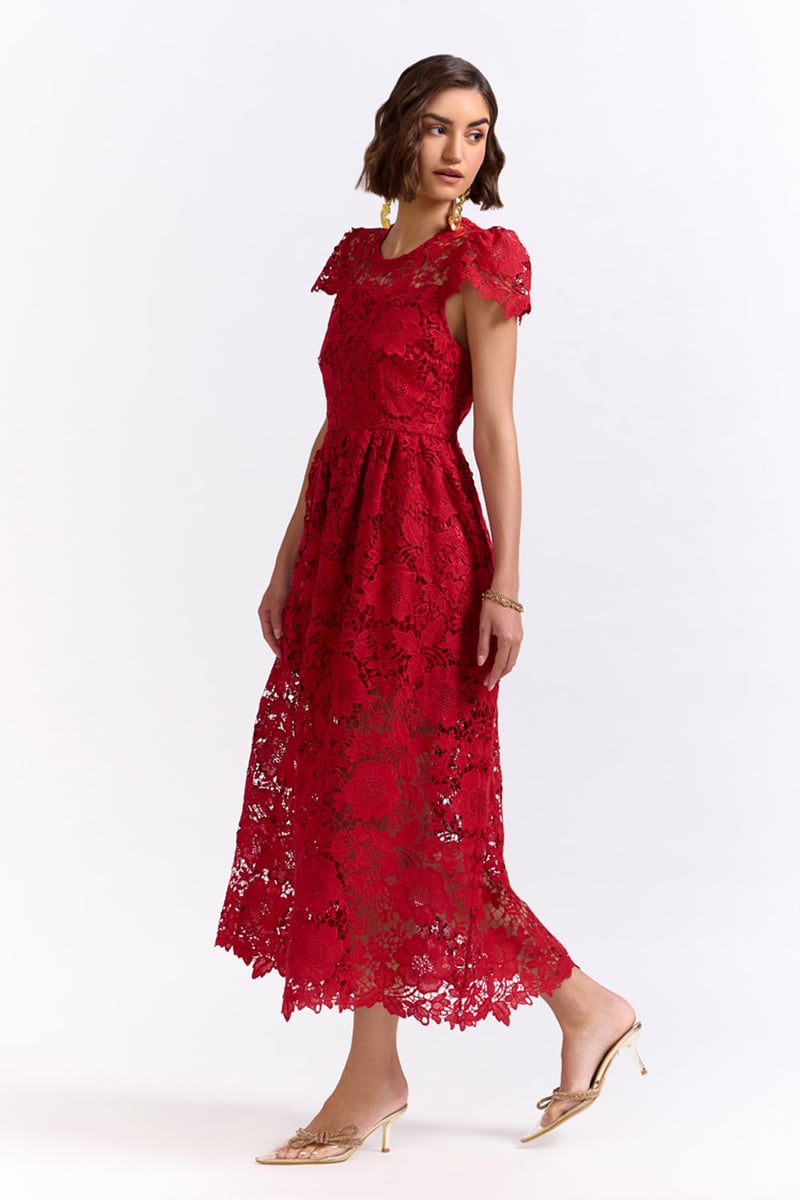 Red Lace Fit and Flare Midi Dress