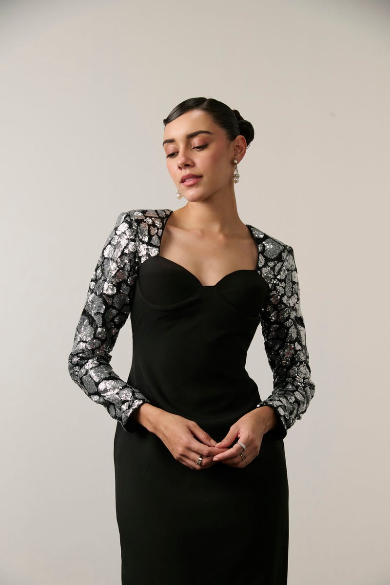 Black/Silver Sequin Sleeve Sweetheart Midi Sheath Dress
