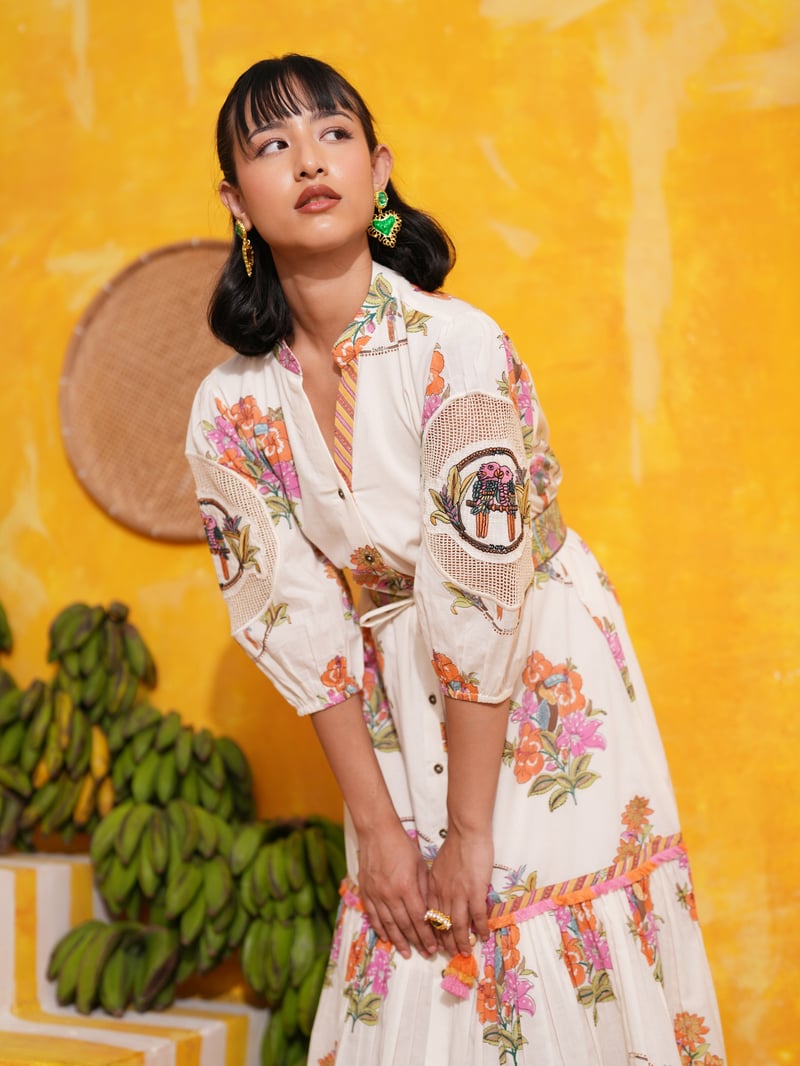 Off White Tropical Printed Button-Down Tiered Midi Dress