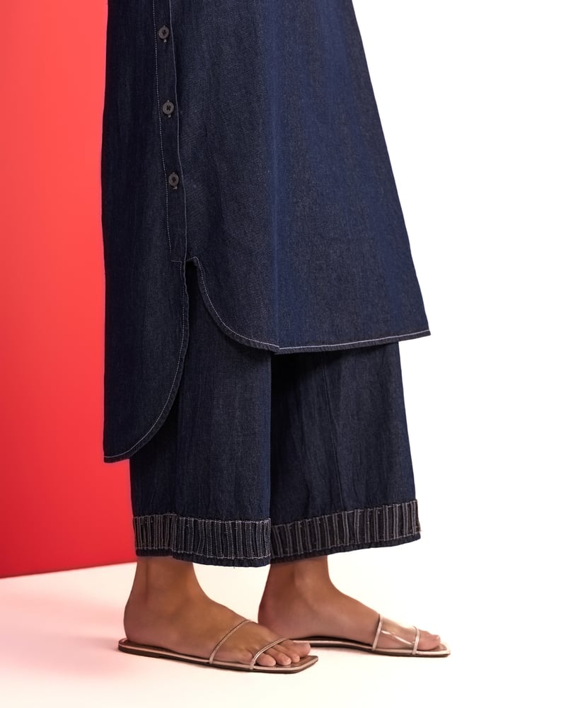 Denim Blue V-Neck Straight Kurta and Pant Set