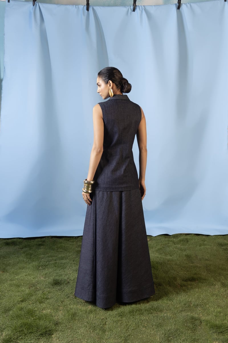 Navy Denim Vest and Maxi Skirt Co-ord Set