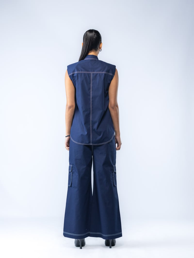 Navy Sleeveless Shirt and Wide-Leg Pants Co-ord Set