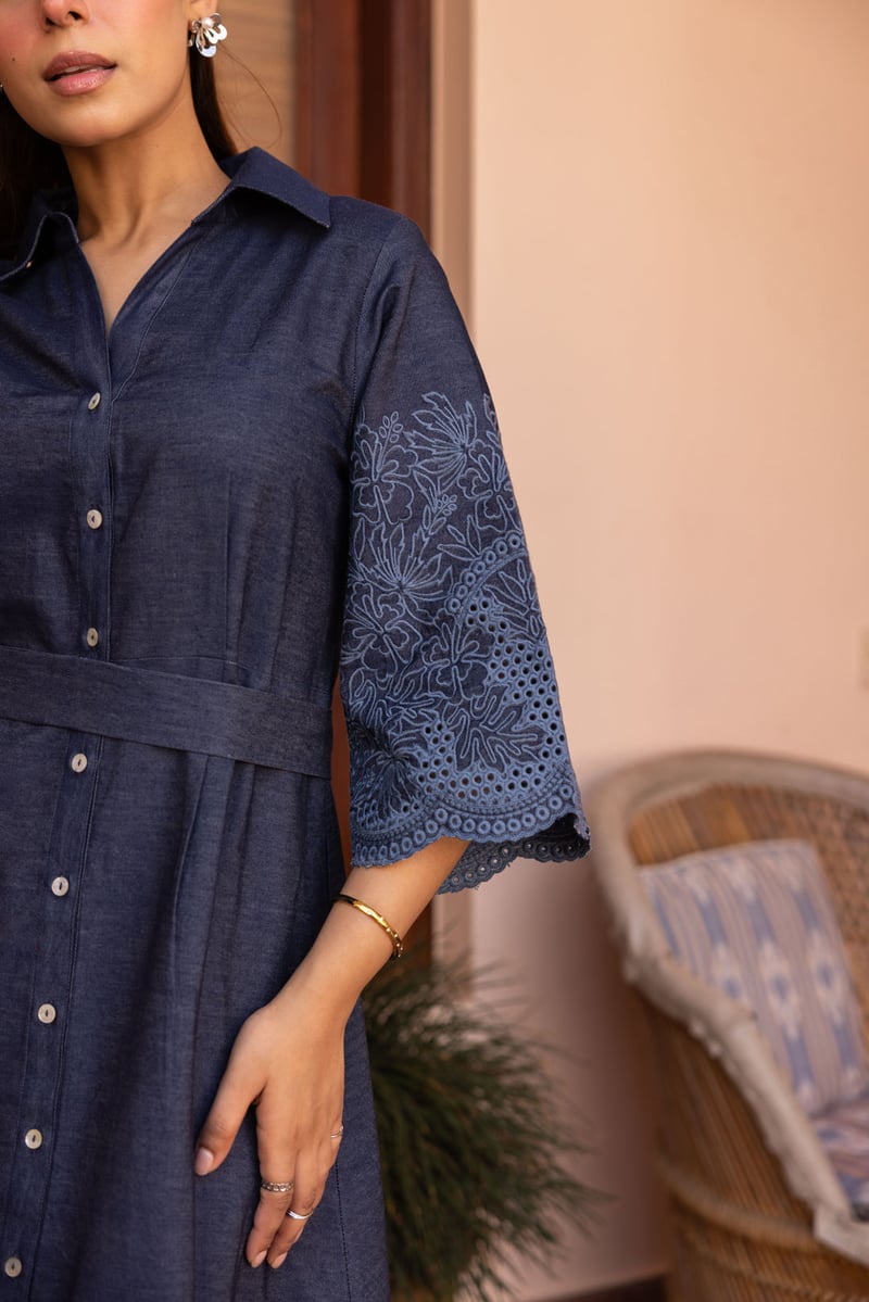 Blue Denim Maxi Shirt Dress with Belt and Cutwork Hem