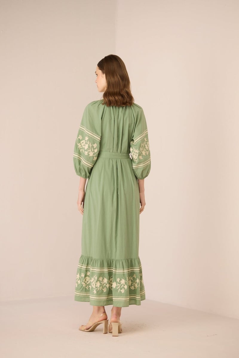 Epsom Green Cotton Embroidered Belted Maxi Dress