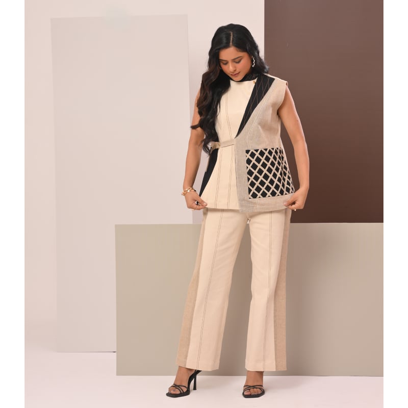 Beige and Black Colorblock Lattice Vest Top