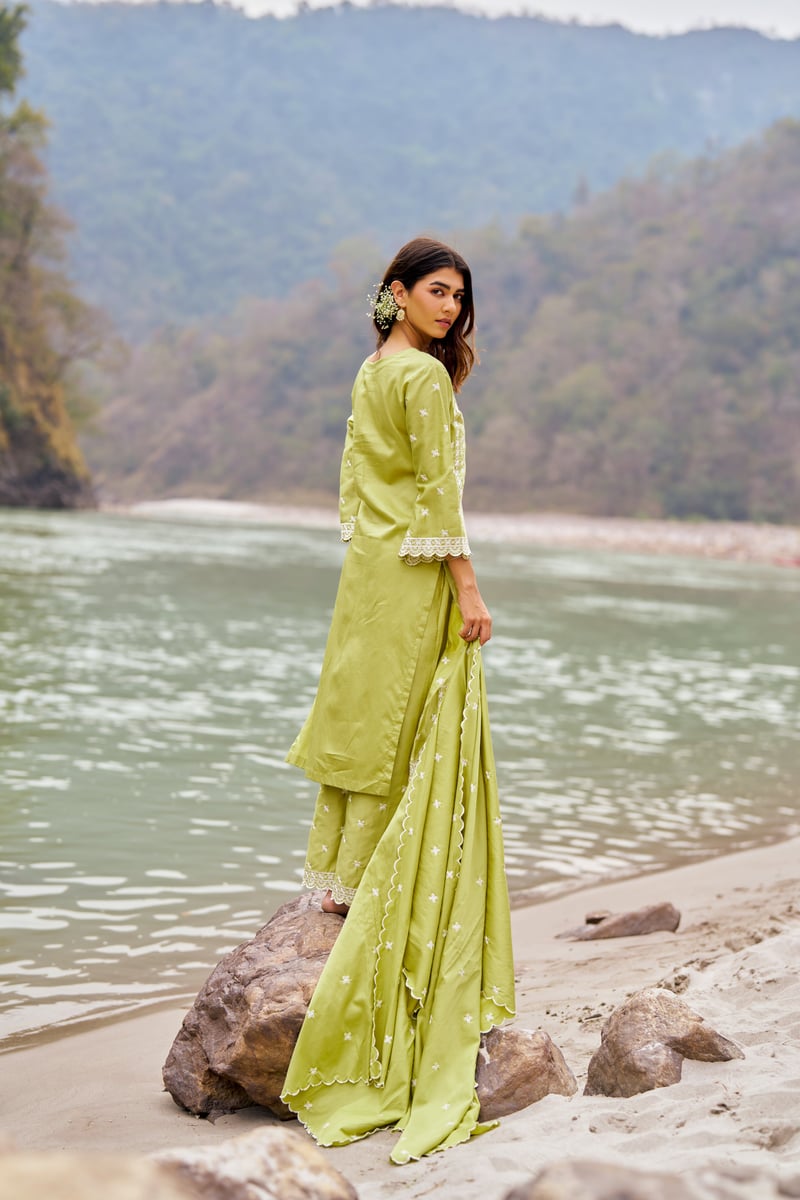 Green Cotton Embroidered Straight Kurta Set With Dupatta