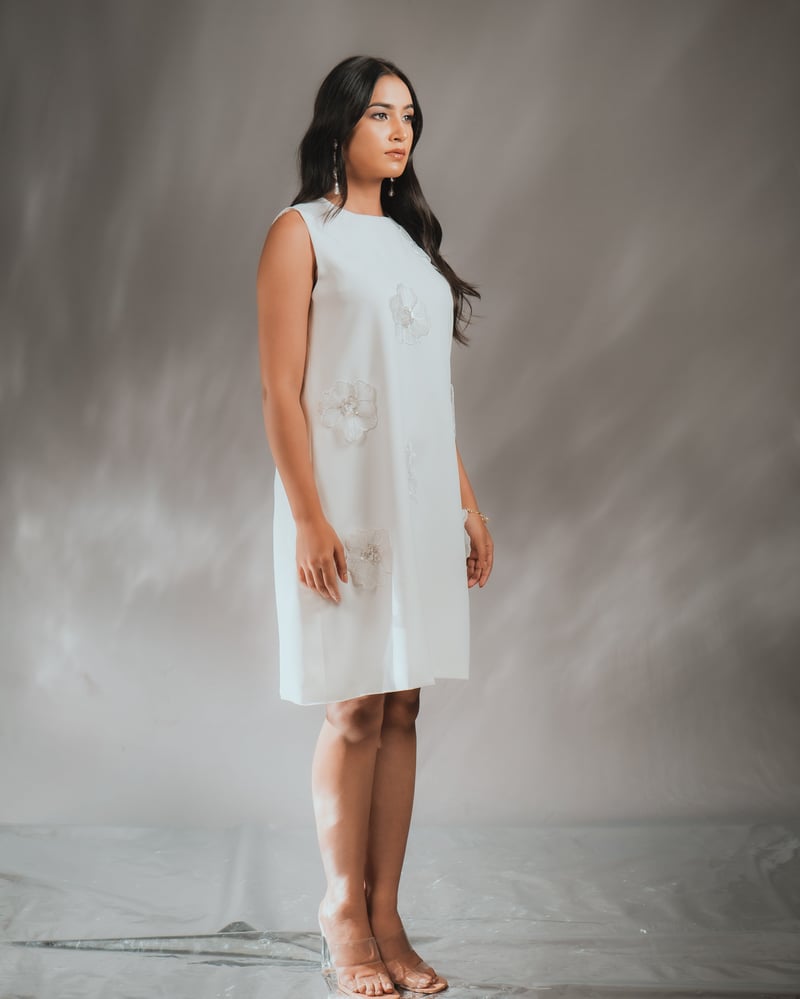 Ivory A-Line Knee-Length Dress with 3D Floral Applique