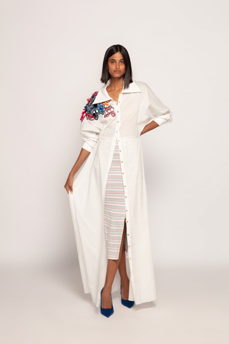 White Multicolor Striped Smocked Midi Pencil Skirt