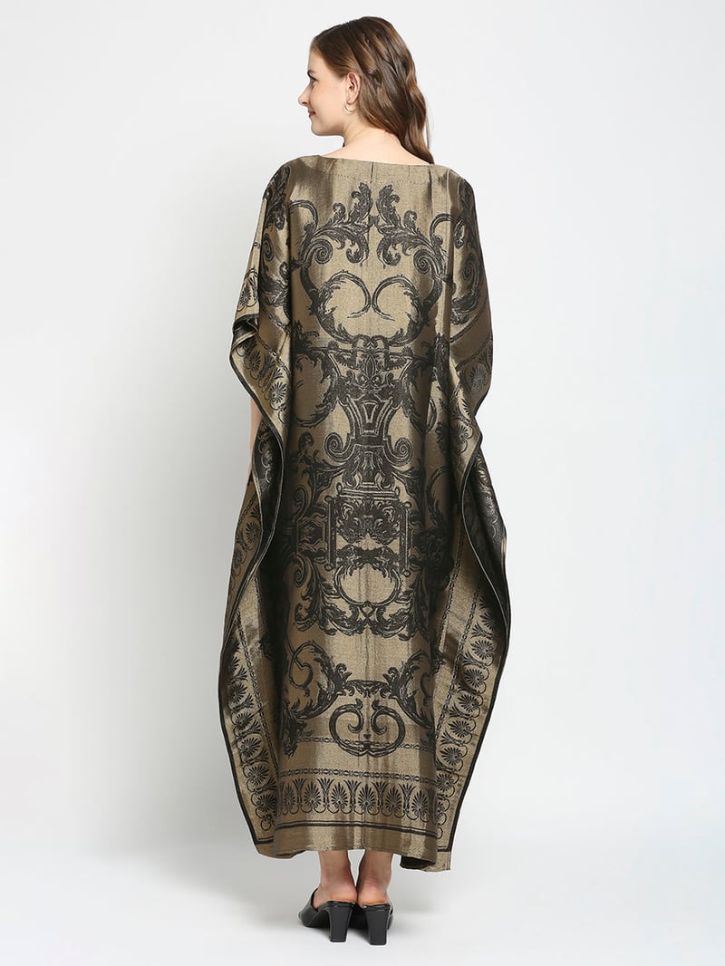 Black and Gold Metallic Brocade Motif Long Kaftan