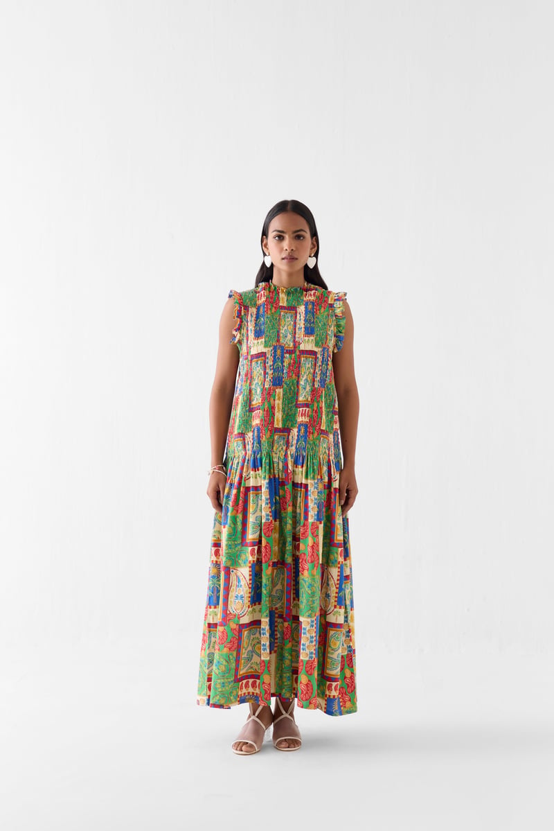 Multicolor Printed Ruched Bodice Maxi Dress — Studio Rigu