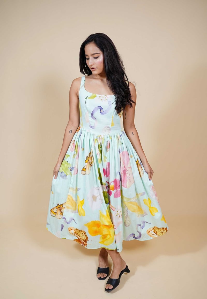 Blue Multicolor Floral Square Neck Midi Dress