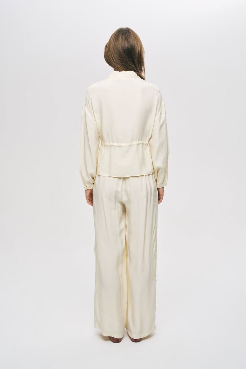 Cream Collared Zip-Front Drawstring Waist Top