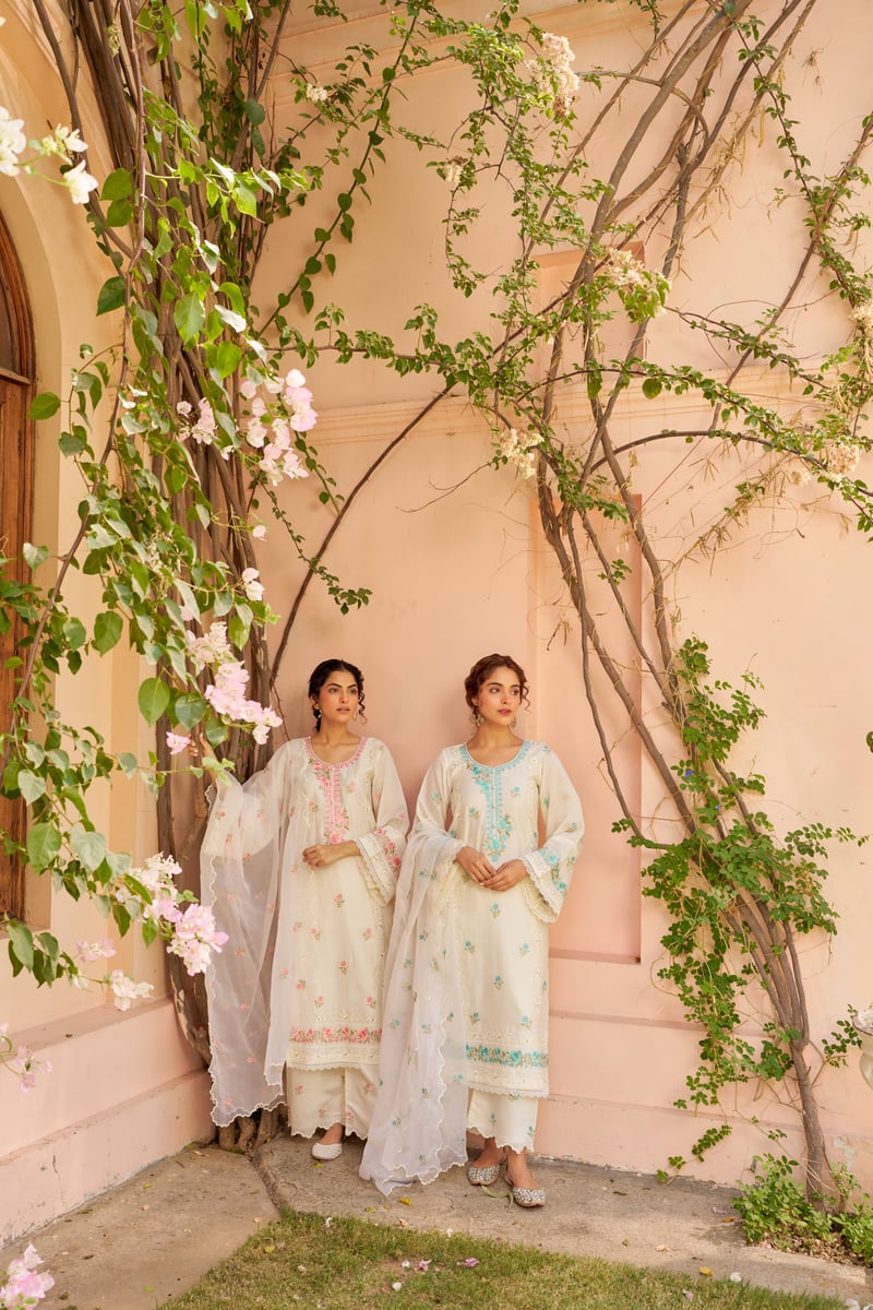 Ivory Pink Embroidered Chanderi Straight Suit Set
