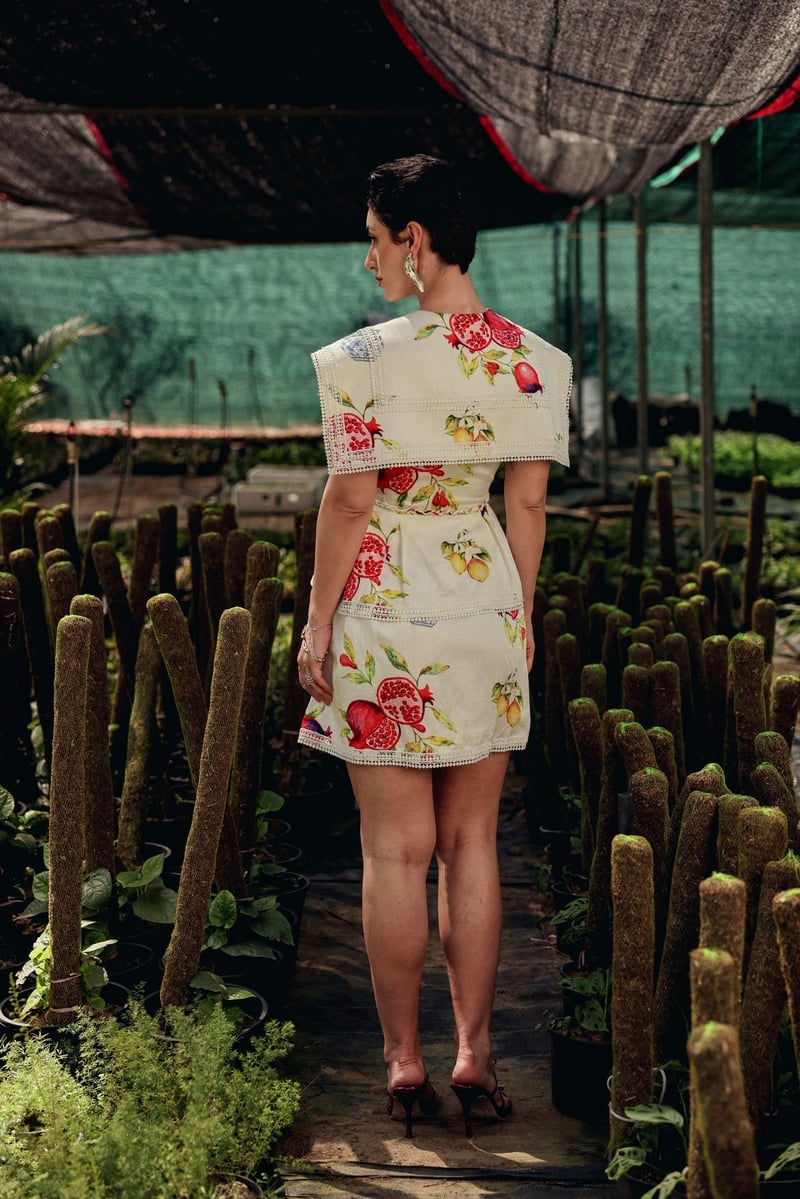 Off-White Fruit Print Tiered Mini Dress with Lace Collar