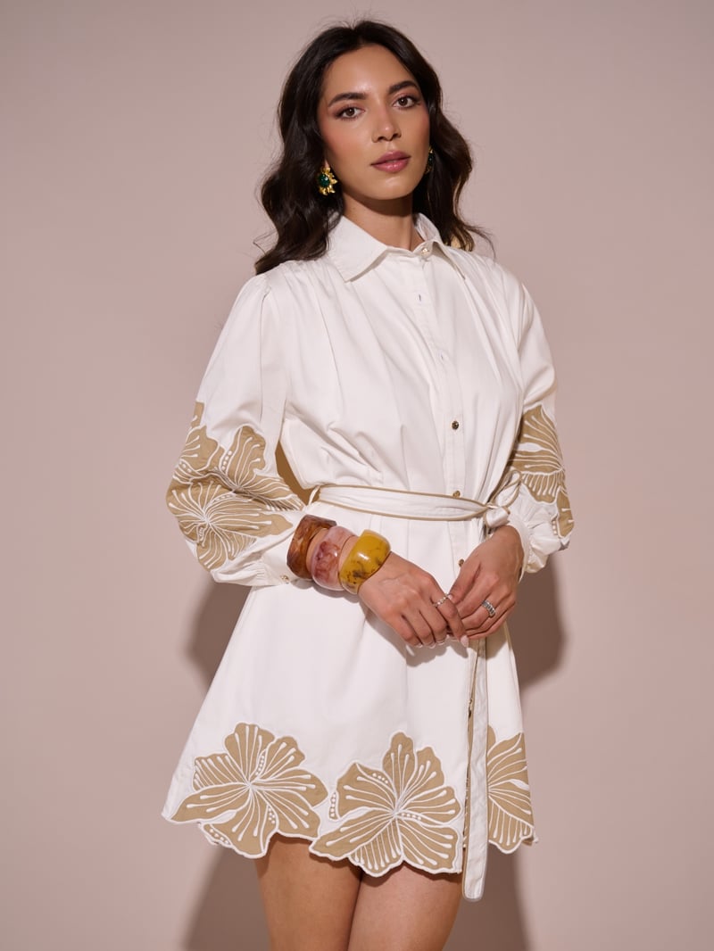 White Belted Floral Motif Mini Shirt Dress