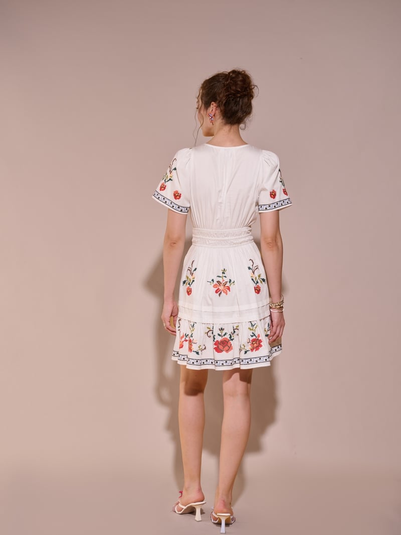 White Cotton Floral Embroidered Tiered Knee-Length Dress