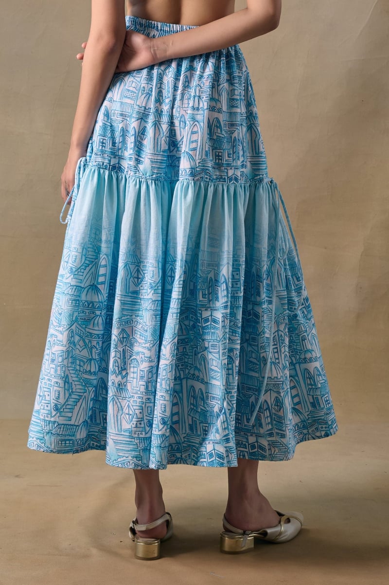Blue Landscape Printed Tiered Midi Skirt with Side Ties