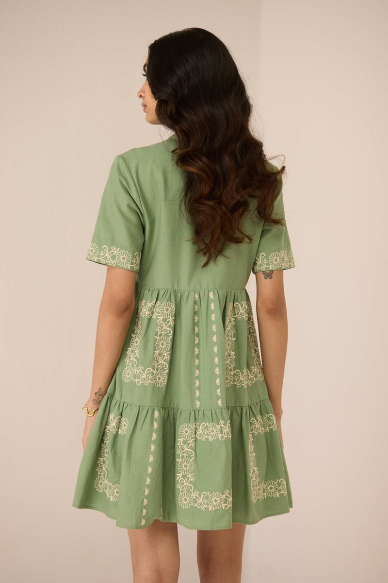 Epsom Green Embroidered Tiered Mini Dress