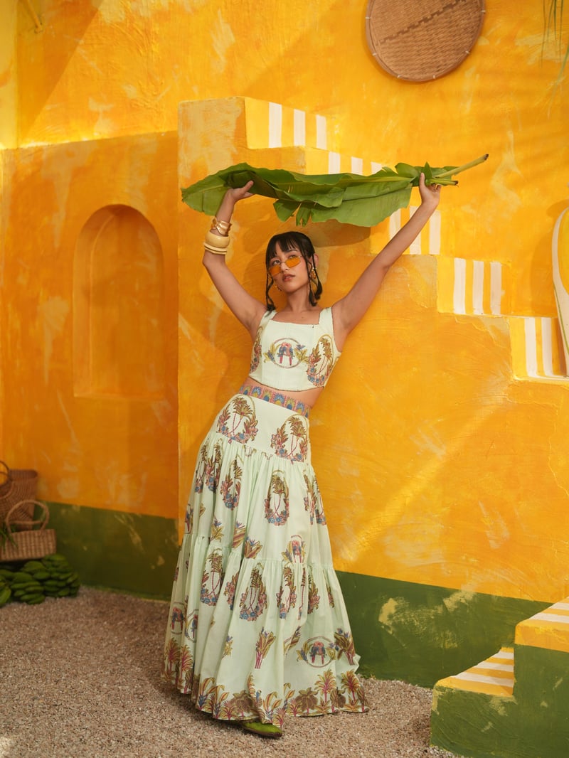 Cool Mint Tropical Corset Top and Tiered Maxi Skirt Set