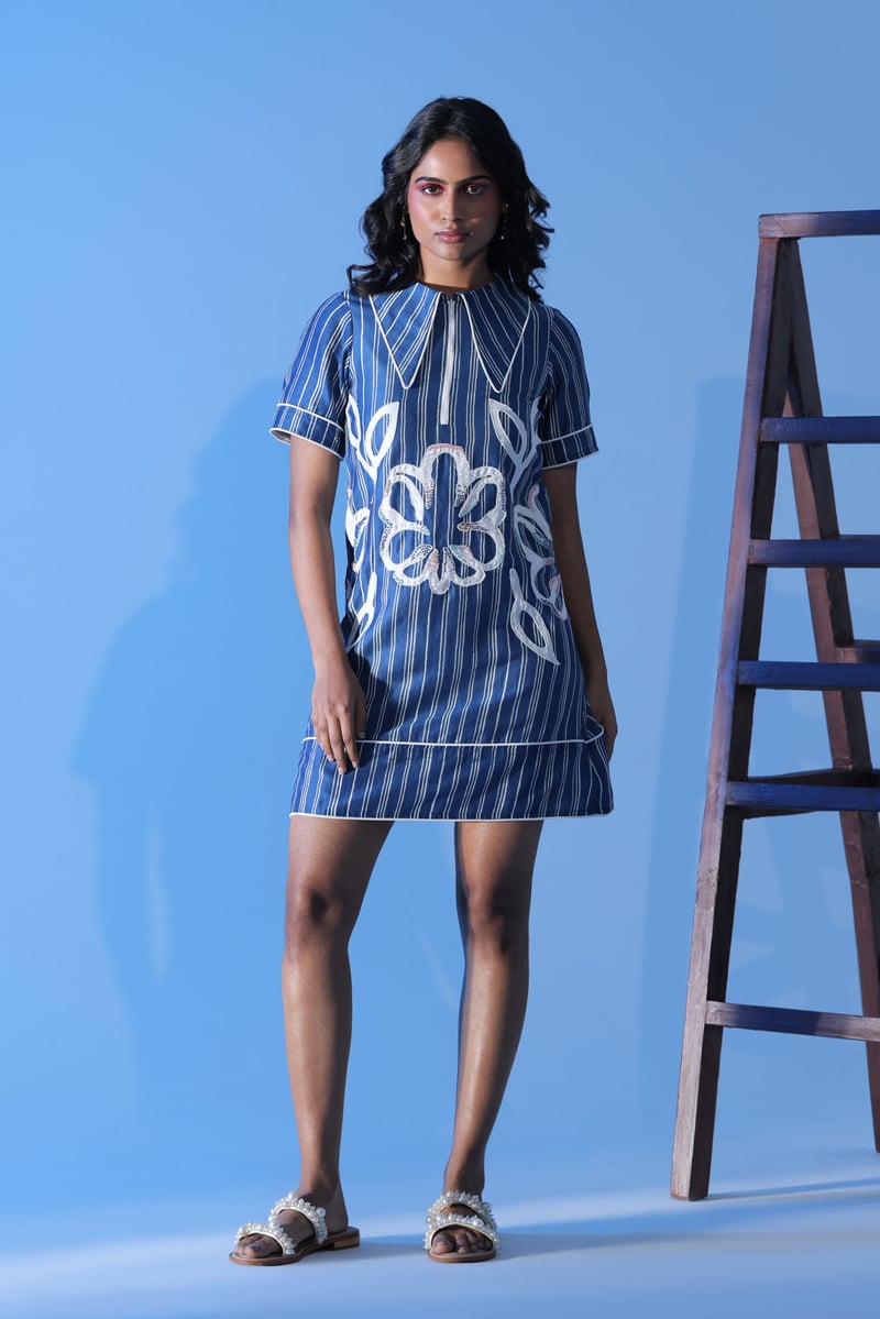 Blue Striped Cotton Silk Mini Dress with Floral Applique — MANVI DAGA STUDIO
