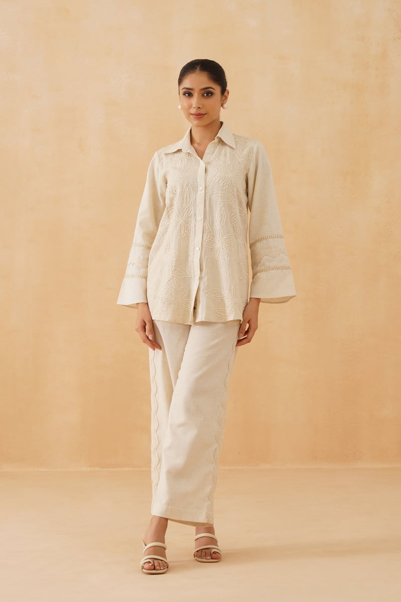 Cream Hand-Embroidered Cotton Co-ord Set