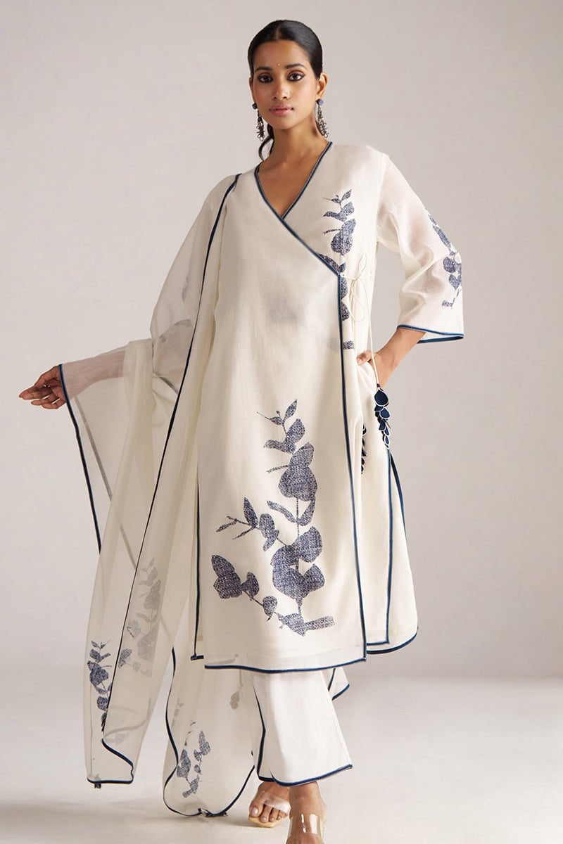 Ivory and Navy Printed Angrakha Chanderi Kurta Set