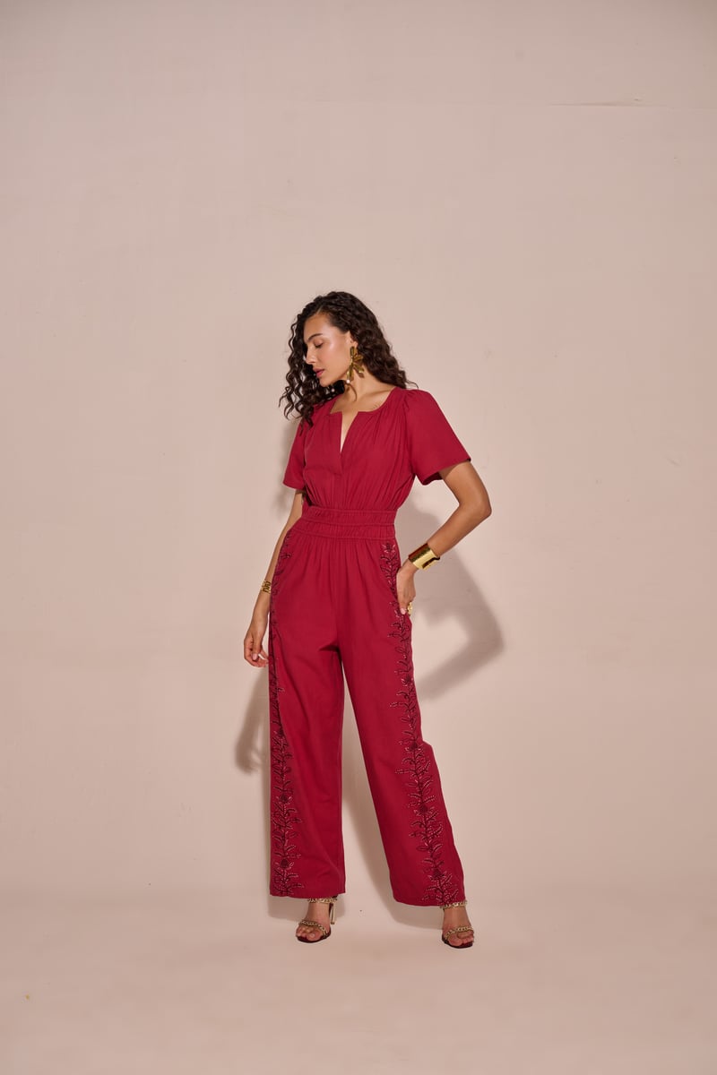 Red Cotton Embroidered Straight-Leg Jumpsuit