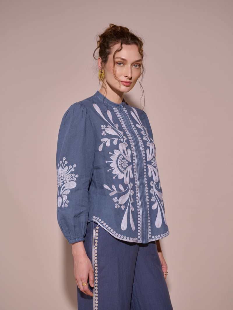 Blue Cotton Embroidered Mandarin Collar Button-Front Top