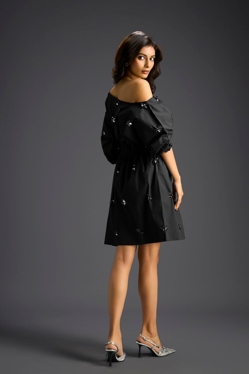 Black One-Shoulder Cotton Dress with Butterfly Embellishments