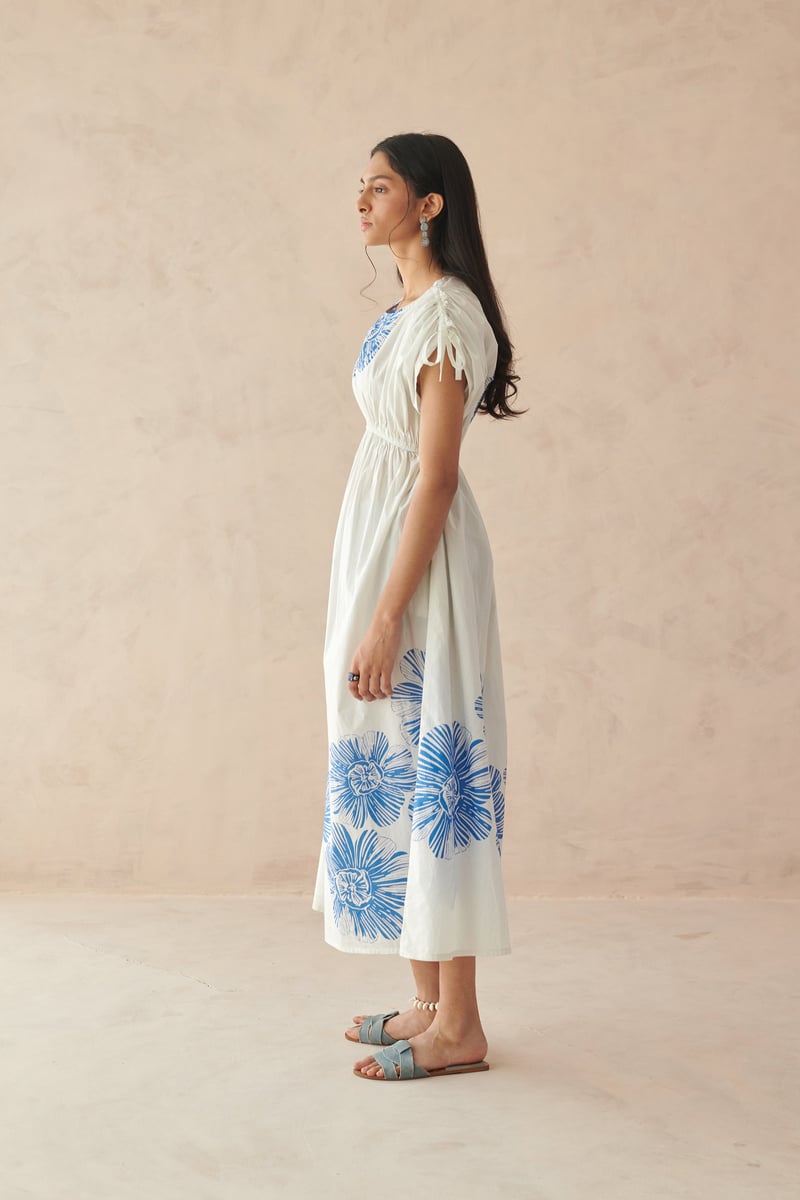 White Cotton Fit and Flare Midi Dress with Blue Floral Print