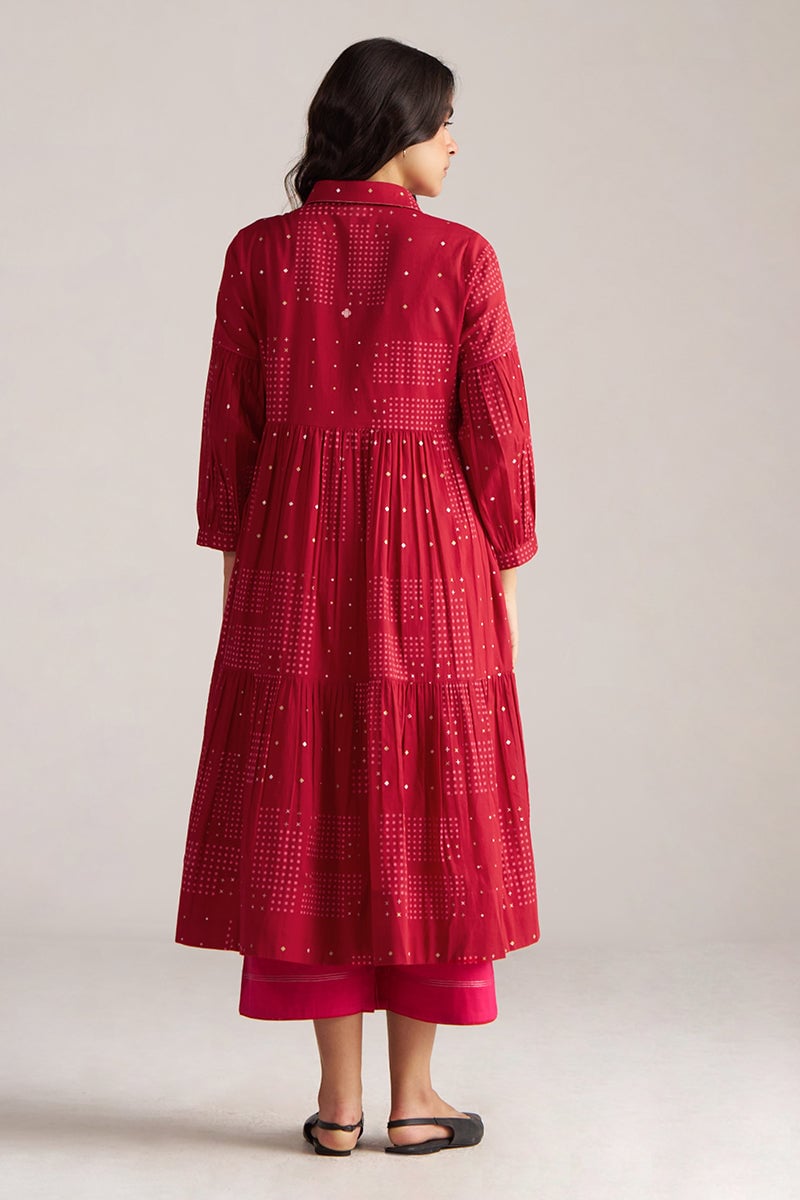 Samba Red Block Print Tiered Kurta and Pant Co-ord Set
