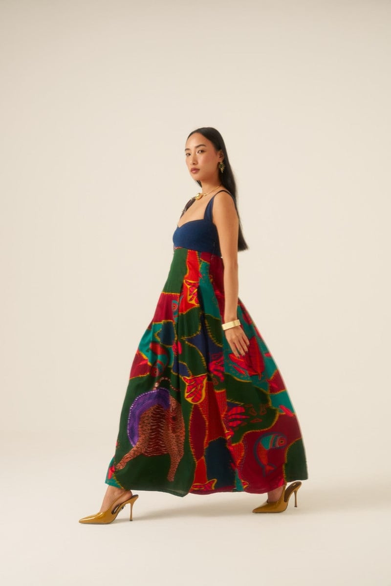 Multicolor Fit and Flare Maxi Dress with Denim Bodice