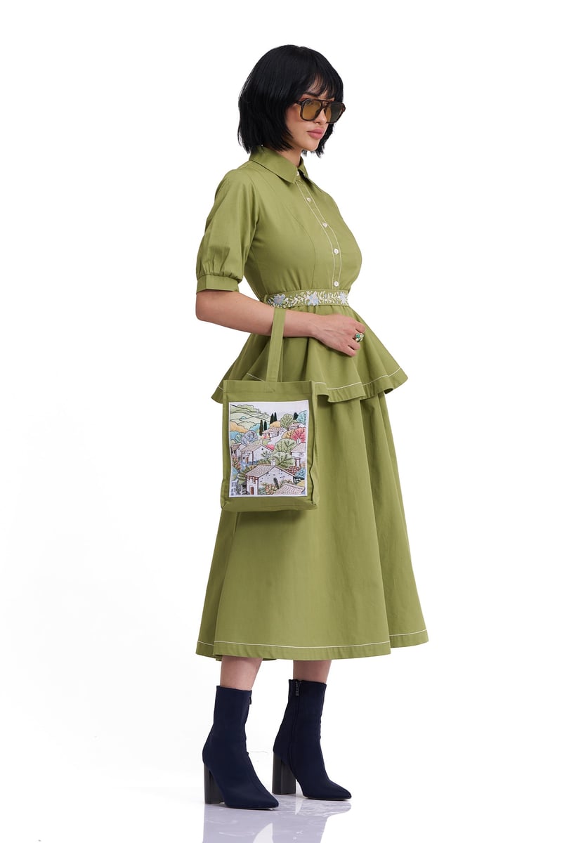 Golden Lime Cotton Twill Belted Fit and Flare Midi Dress