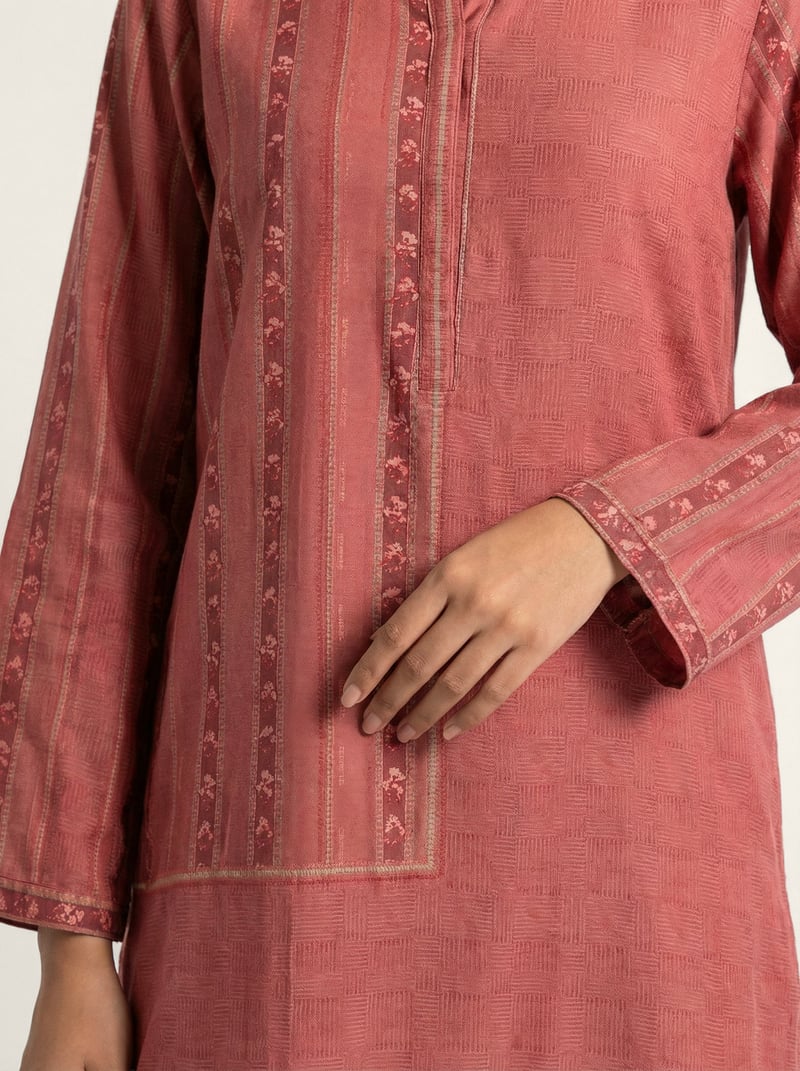 Pink Muslin Silk Striped Printed Long Tunic